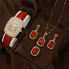 Women's Alloy Light Luxury Quartz Watch Necklace Earrings Ring Set With Pigeon Egg Case And Rectangle Dial