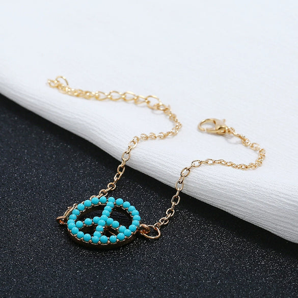 Women's Alloy Love And Peace Symbol Pendant Bracelet With Inlaid Bead Letter Charm Diamond Style