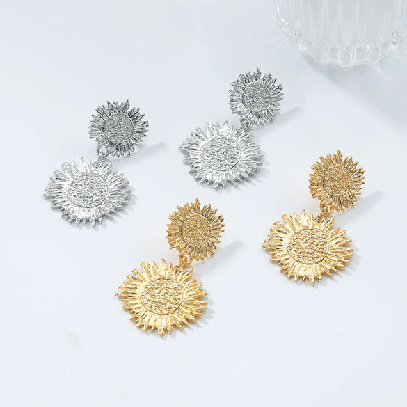 Women's Alloy Multilayer Sun Flower Pendant Earrings Electroplated Old Style