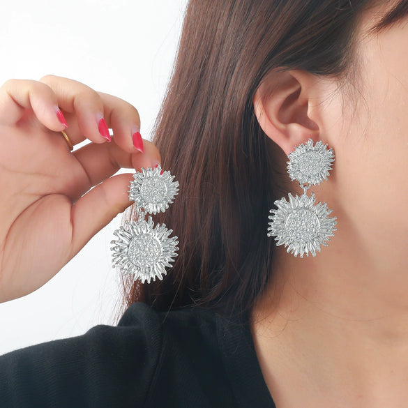 Women's Alloy Multilayer Sun Flower Pendant Earrings Electroplated Old Style