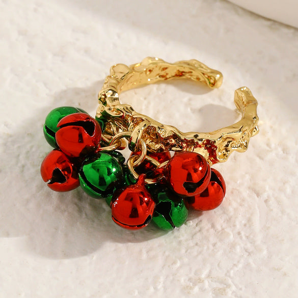 Women's Alloy Open Bell Ring With Red And Green Christmas Cartoon Character Design Plated Festive Holiday Accessory