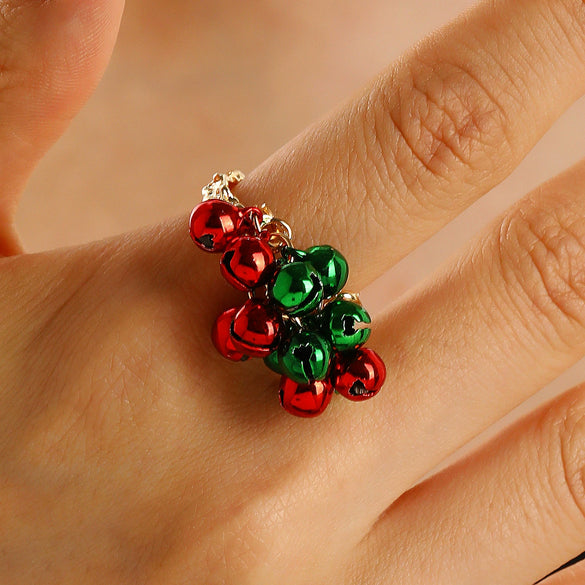 Women's Alloy Open Bell Ring With Red And Green Christmas Cartoon Character Design Plated Festive Holiday Accessory