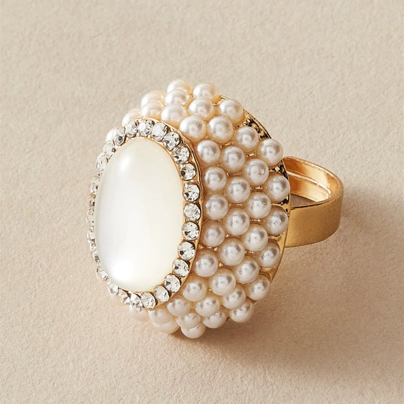 Women's Alloy Open Finger Ring With Pearl And Cat Eye Geometric Design Electroplated Fashion Jewelry