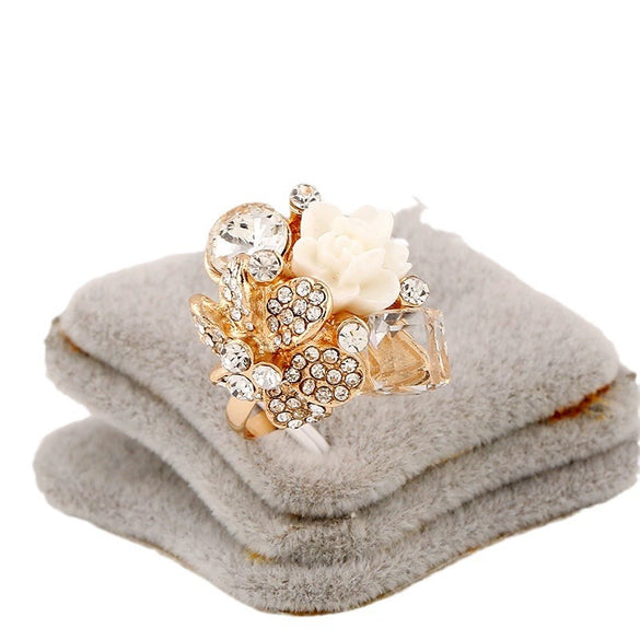 Women’s Alloy Open Ring With Colorful Crystal Gemstone And Resin Flower Design Natural Fashion Jewelry