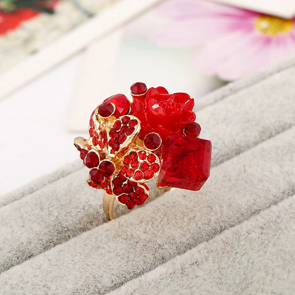 Women’s Alloy Open Ring With Colorful Crystal Gemstone And Resin Flower Design Natural Fashion Jewelry