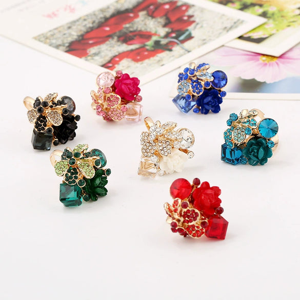 Women’s Alloy Open Ring With Colorful Crystal Gemstone And Resin Flower Design Natural Fashion Jewelry