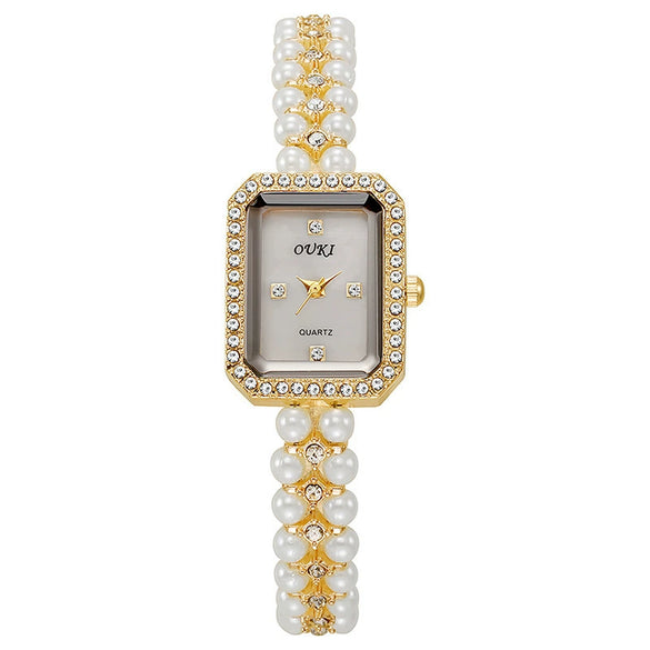 Women's Alloy Pearl Chain Watch With Rectangle Dial And Rose Gold Buckle
