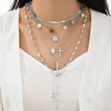 Women’s Alloy Pearl Embellished Cross Pendant Necklace With Tassel Layered Geometric Chain And Electroplated Finish