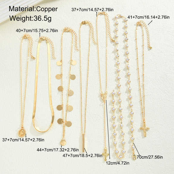 Women’s Alloy Pearl Embellished Cross Pendant Necklace With Tassel Layered Geometric Chain And Electroplated Finish
