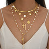 Women’s Alloy Pearl Embellished Cross Pendant Necklace With Tassel Layered Geometric Chain And Electroplated Finish