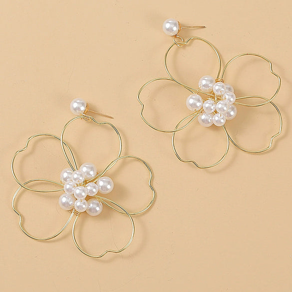 Women's Alloy Pearl Woven Big Flower Handwrapped Electroplated Earrings Jewelry