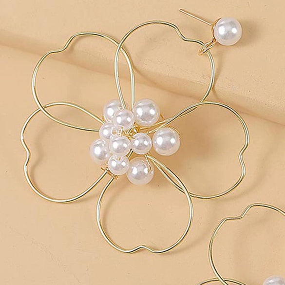Women's Alloy Pearl Woven Big Flower Handwrapped Electroplated Earrings Jewelry