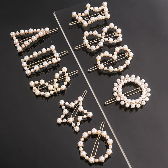 Women's Alloy Pearlset Geometric Frog Buckle Hair Clip Crown Bangs Side Clip Straight Barrette