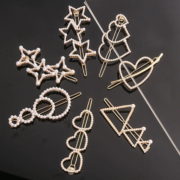 Women's Alloy Pearlset Geometric Frog Buckle Hair Clip Crown Bangs Side Clip Straight Barrette