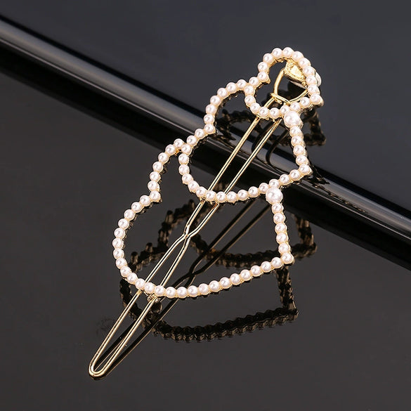 Women's Alloy Pearlset Geometric Frog Buckle Hair Clip Crown Bangs Side Clip Straight Barrette