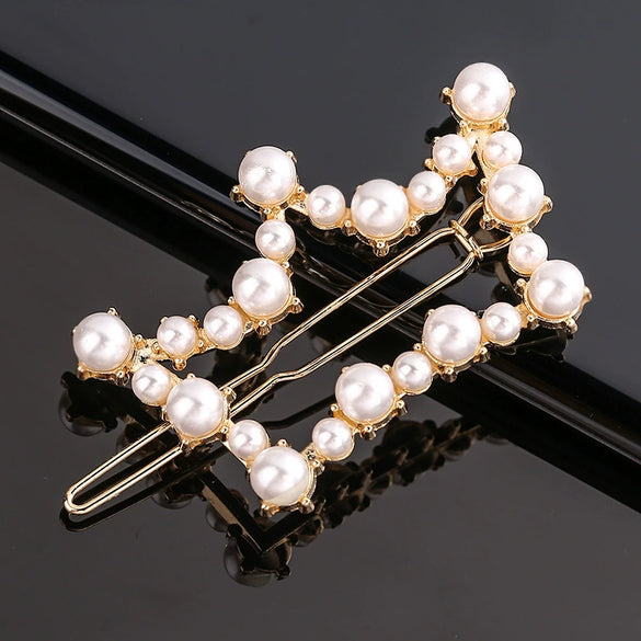 Women's Alloy Pearlset Geometric Frog Buckle Hair Clip Crown Bangs Side Clip Straight Barrette