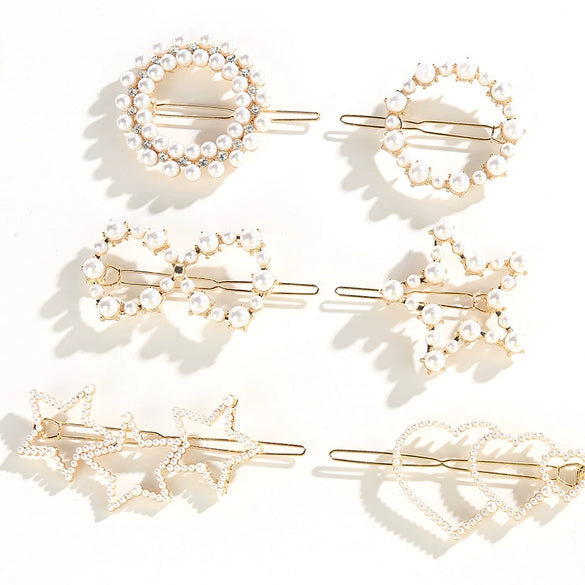 Women's Alloy Pearlset Geometric Frog Buckle Hair Clip Crown Bangs Side Clip Straight Barrette