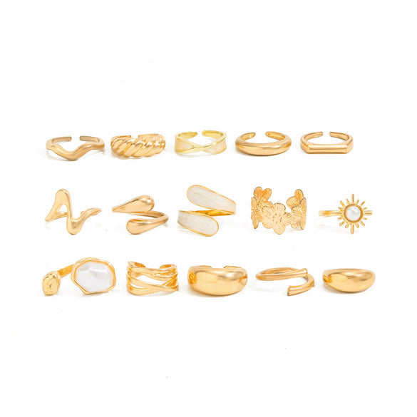 Women's Alloy Plated Imitation Pearl Sunflower Ring Set With Smooth Teardrop Stacked Rings And Geometric Floral Designs