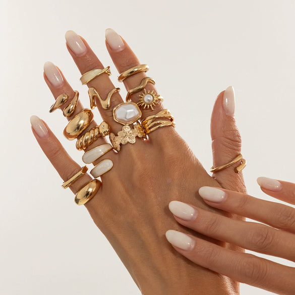 Women's Alloy Plated Imitation Pearl Sunflower Ring Set With Smooth Teardrop Stacked Rings And Geometric Floral Designs