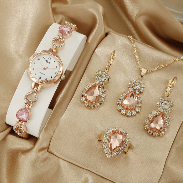 Women's Alloy Quartz Bracelet Watch With Round Dial And Luxury 3Piece Jewelry Watch Combination Suit