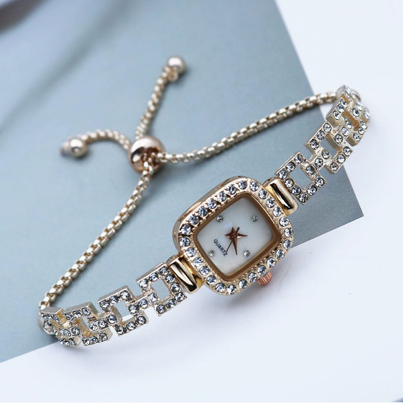 Women's Alloy Quartz Square And Round Bracelet Watch With Diamondencrusted And Fashionable Style