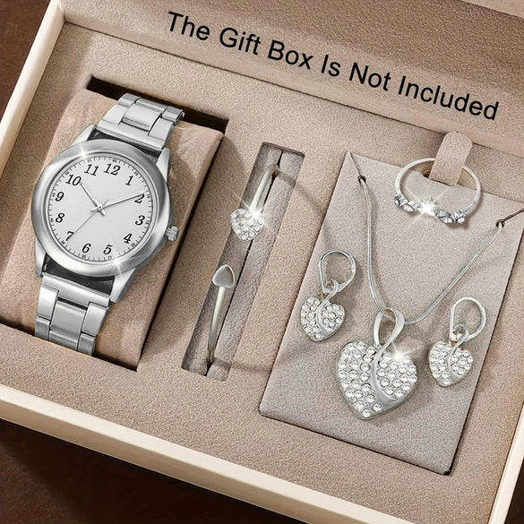 Women's Alloy Quartz Watch And Jewelry Set With Heartshaped And Round Design Casual Style