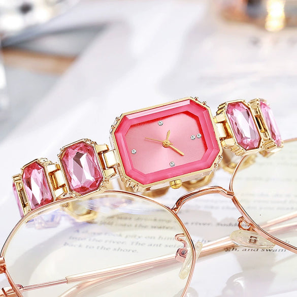 Women's Alloy Rectangle Dial Leisure Watch With Rose Gold Buckle And Full Of Diamonds