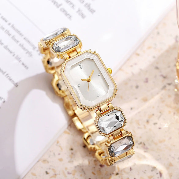 Women's Alloy Rectangle Dial Leisure Watch With Rose Gold Buckle And Full Of Diamonds