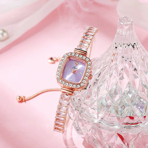 Women's Alloy Rectangular Fashionable Diamondencrusted Zircon Pullout Bracelet Watch