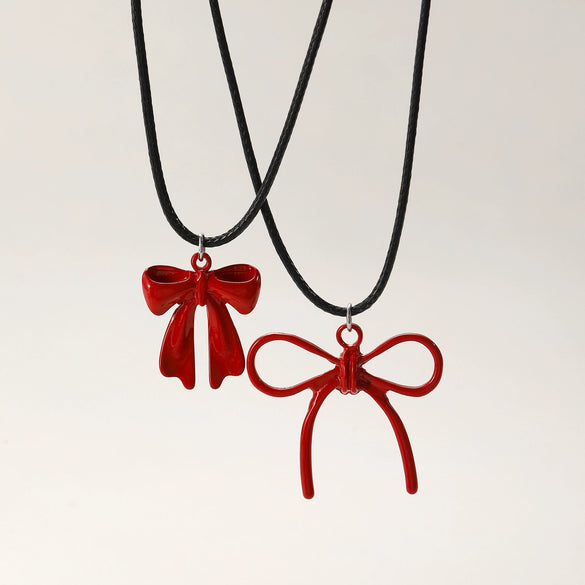 Women's Alloy Red Beaded Pendant Necklace And Bow Tie Earrings Set With Dripping Oil Process