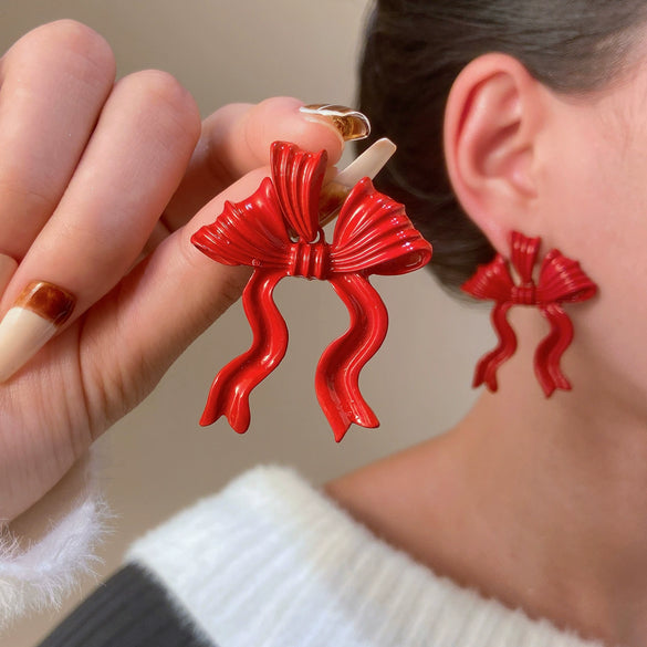 Women's Alloy Red Beaded Pendant Necklace And Bow Tie Earrings Set With Dripping Oil Process