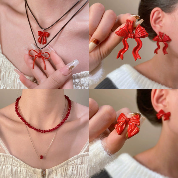 Women's Alloy Red Beaded Pendant Necklace And Bow Tie Earrings Set With Dripping Oil Process