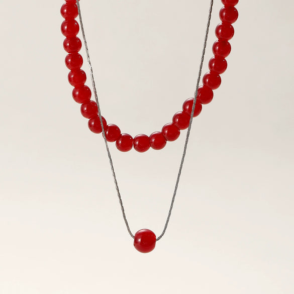 Women's Alloy Red Beaded Pendant Necklace And Bow Tie Earrings Set With Dripping Oil Process