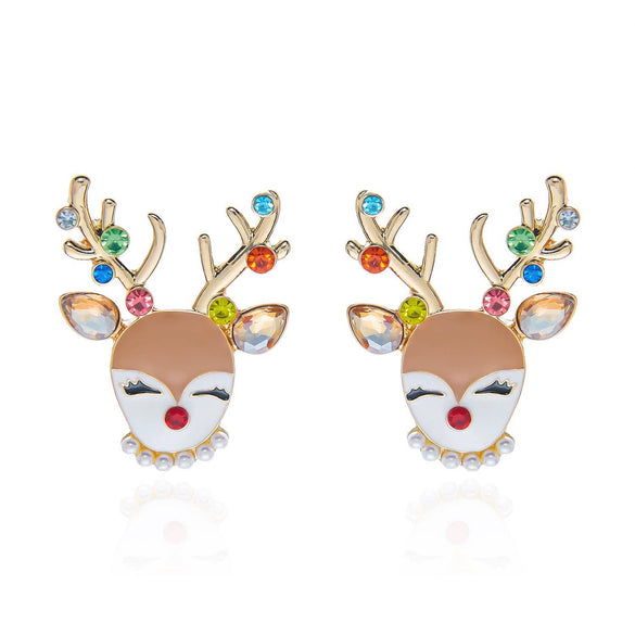 Women's Alloy Reindeer Stud Earrings With Rhinestone Detail Christmas Animal Design Electroplated Finish And Stainless Steel Ear Posts