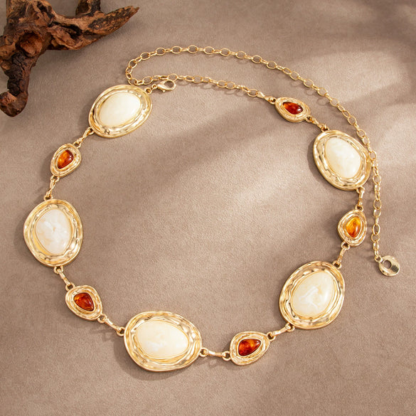 Women's Alloy Resin Gemstone Patchwork Body Waist Chain With Exaggerated Oval Metal Design And Lobster Clasp