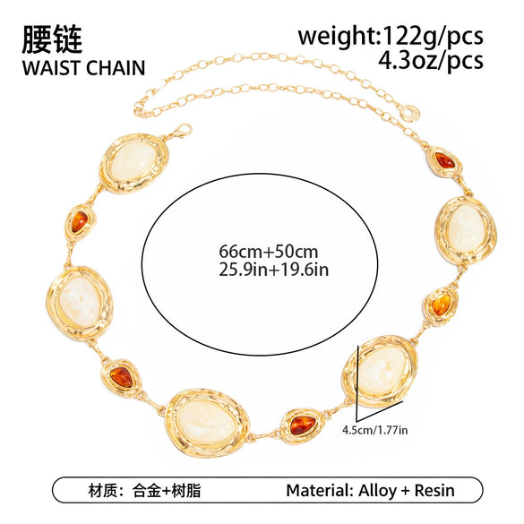 Women's Alloy Resin Gemstone Patchwork Body Waist Chain With Exaggerated Oval Metal Design And Lobster Clasp