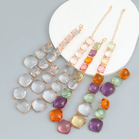 Women's Alloy Resin Jewelry Set With Square Shape And Geometric Style Snake Bone Chain Diamond Design