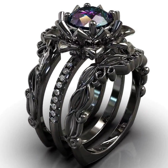 Women's Alloy Ring Threepiece Set With Flower Pattern And Rose Inlaid Zircon Electroplated Jewelry