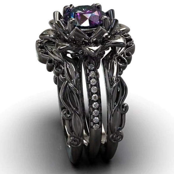 Women's Alloy Ring Threepiece Set With Flower Pattern And Rose Inlaid Zircon Electroplated Jewelry