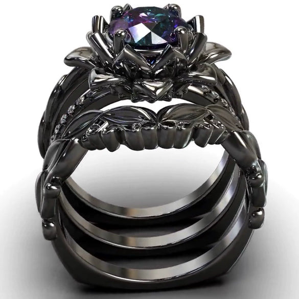 Women's Alloy Ring Threepiece Set With Flower Pattern And Rose Inlaid Zircon Electroplated Jewelry