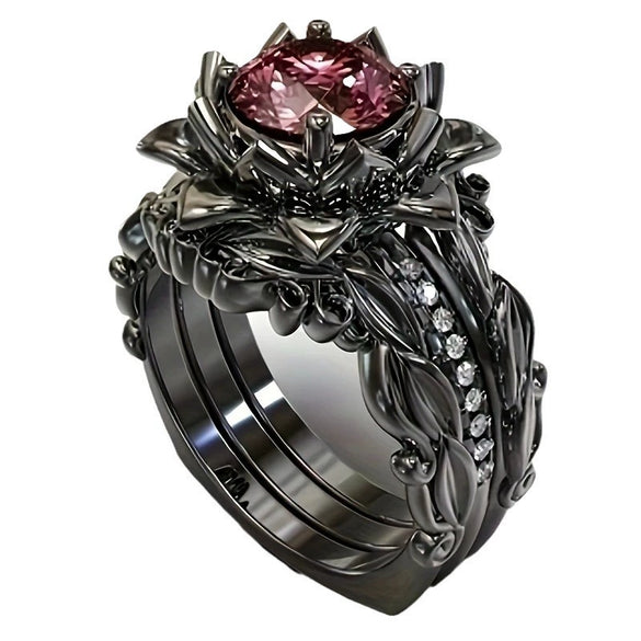 Women's Alloy Ring Threepiece Set With Flower Pattern And Rose Inlaid Zircon Electroplated Jewelry