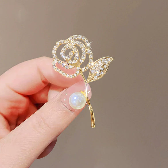 Women's Alloy Rose Brooch With Pearl And Diamondencrusted Electroplated Luxury Coat Corsage And Sweater Pin Accessories