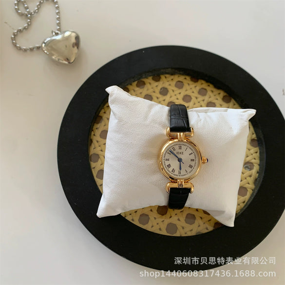 Women's Alloy Round Dial Mini Brown Watch With Printed Logo Pin Buckle Ordinary Glass Mirror Pointer Display Retro Style