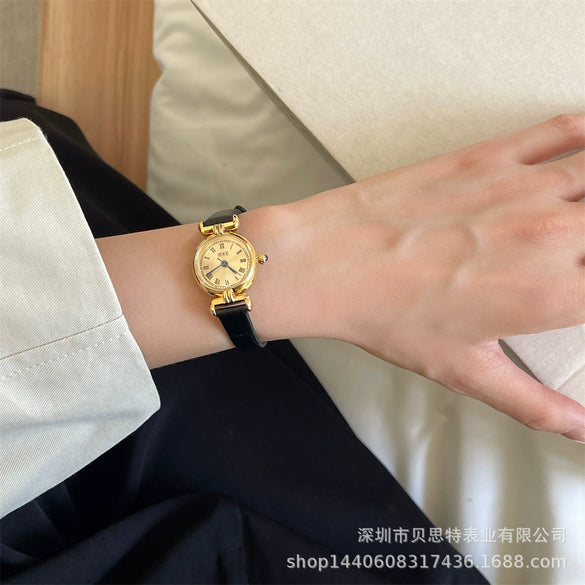 Women's Alloy Round Dial Mini Brown Watch With Printed Logo Pin Buckle Ordinary Glass Mirror Pointer Display Retro Style