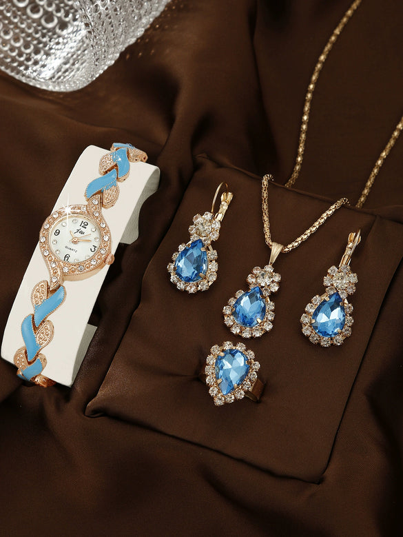 Women's Alloy Round Dial Quartz Watch And Leaf Bracelet Set