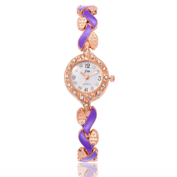 Women's Alloy Round Dial Quartz Watch And Leaf Bracelet Set