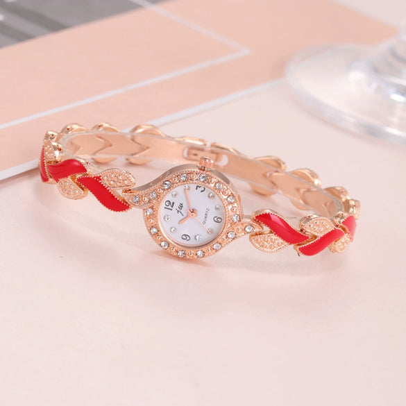 Women's Alloy Round Dial Quartz Watch And Leaf Bracelet Set