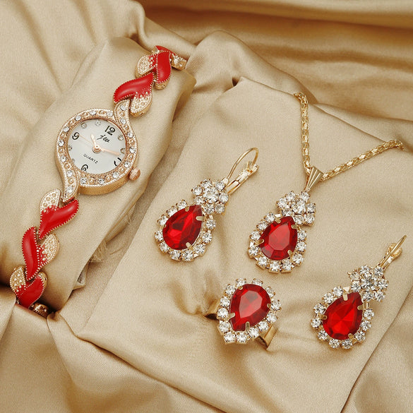Women's Alloy Round Dial Quartz Watch And Leaf Bracelet Set