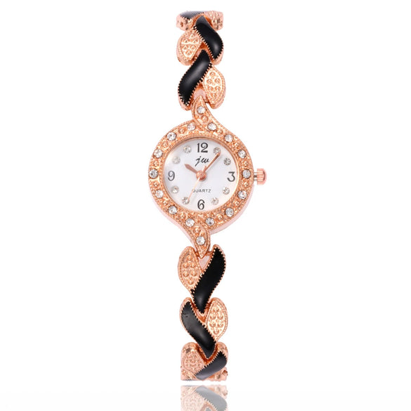 Women's Alloy Round Dial Quartz Watch And Leaf Bracelet Set