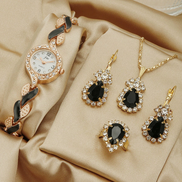 Women's Alloy Round Dial Quartz Watch And Leaf Bracelet Set